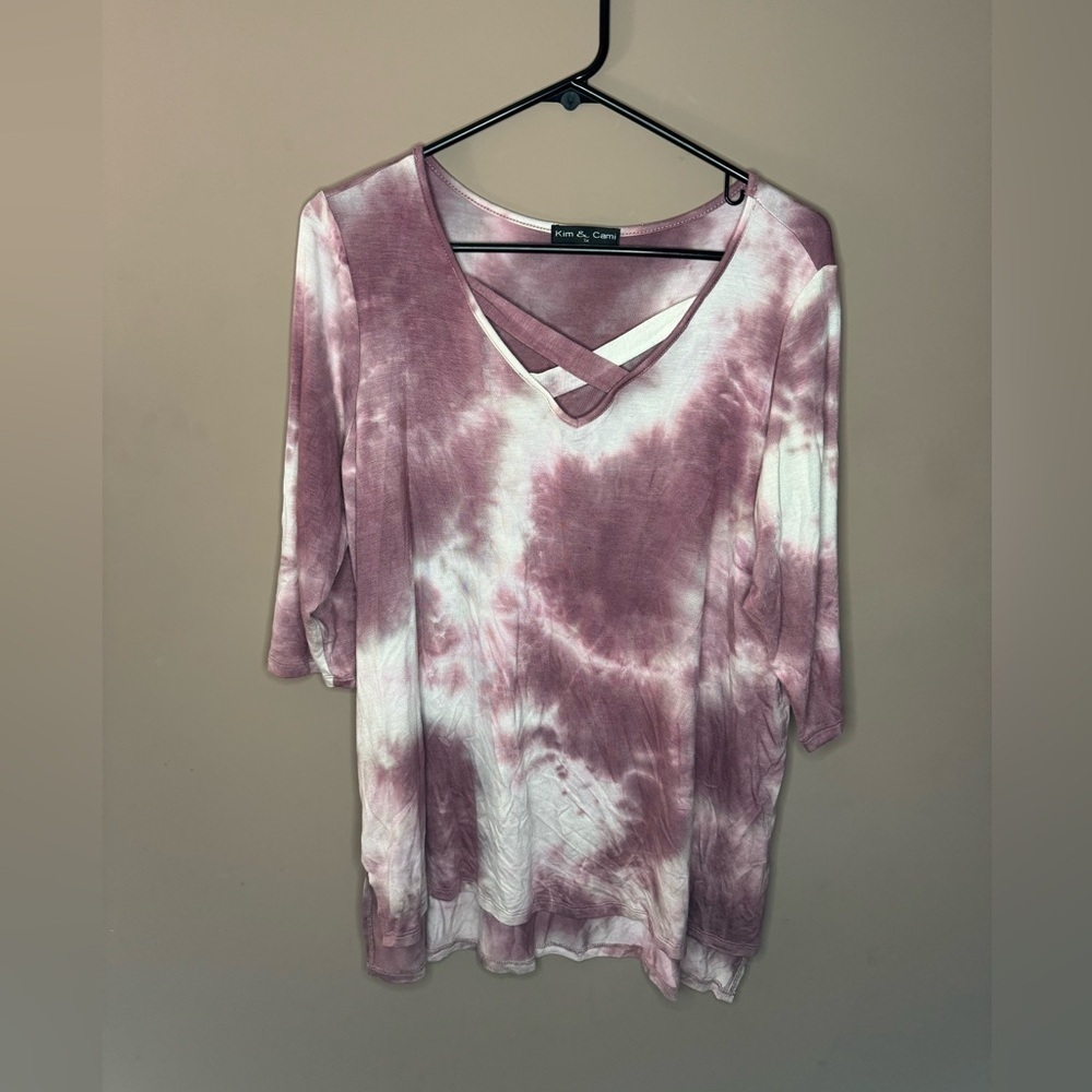 Kim & Cami Pink and White Tie Dye 3/4 Sleeve Top